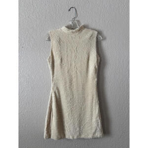 Faux Fur Cozy Mini Dress - Express- Cream - Medium Mock Neck Open Back Tie
